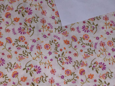 100% Cotton double cloth cotton print available in 4 different prints beach palms / blueish grey floral / pretty dainty pink orange floral AND dark ivory orange flower motif