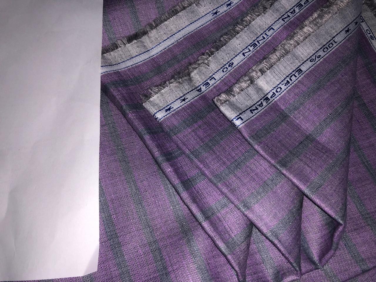 100% Linen stripe 60's Lea Fabric 58" wide available in two colors lilac/ grey and burgundy/black