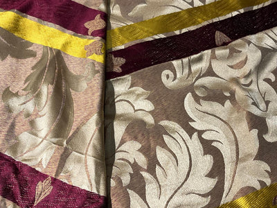 100% Silk Taffeta Jacquard Fabric  REVERSABLE one side floral gold  with yellow gold and wine stripes and other side floral gold with hints of wine TAFJACNEW18