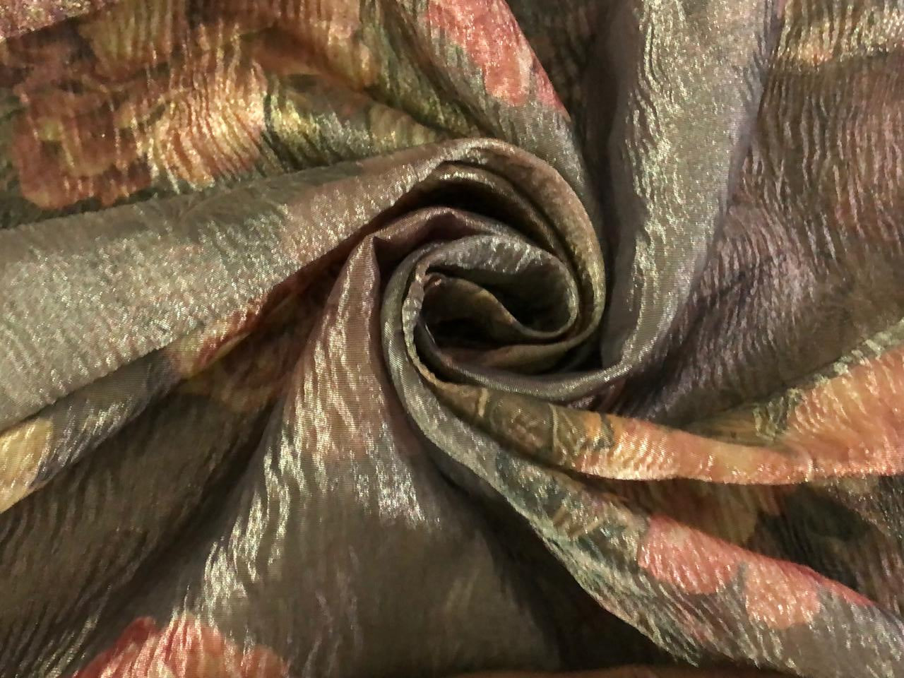 Silk metallic tissue organza fabric FLORAL JACQUARD 44 INCHES WIDE available in 2 colors grey with gold, pink ,blue flowers AND greeny gold with pink and orange flowers