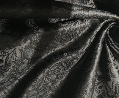 Silk Brocade Fabric JET BLACK SELF  jacquard 44" wide  BRO986 available in 3 styles paisleys ,and leaf motifs