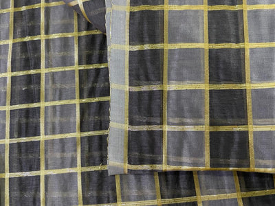 Cotton chanderi fabric plaids shade of grey &amp; metallic gold 44" wide [9260]