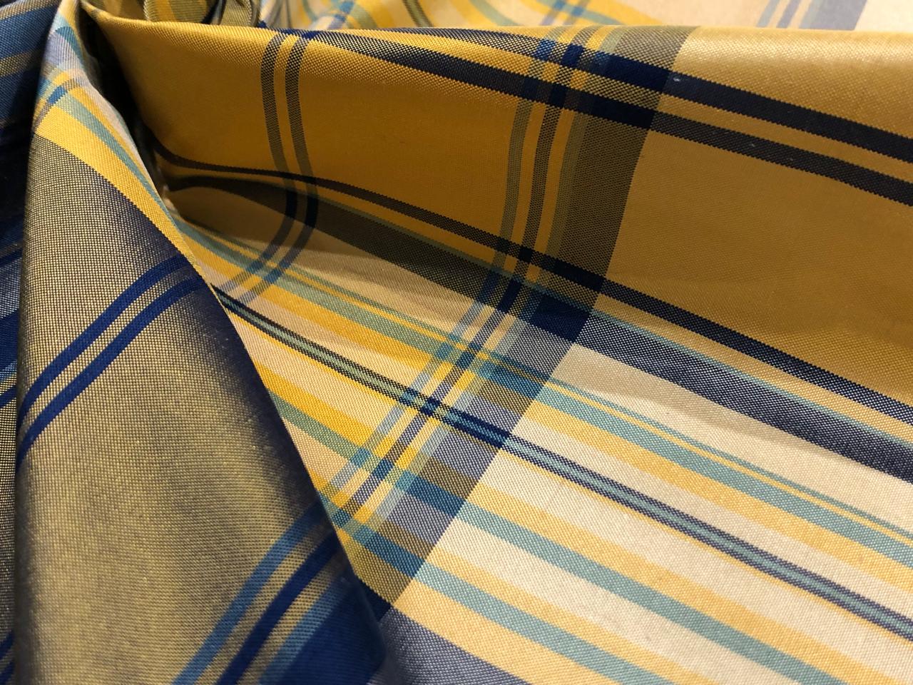 100% PURE SILK TAFFETA FABRIC PLAIDS ROYAL BLUE and shades of YELLOW 54"wide TAFNEWC9roll