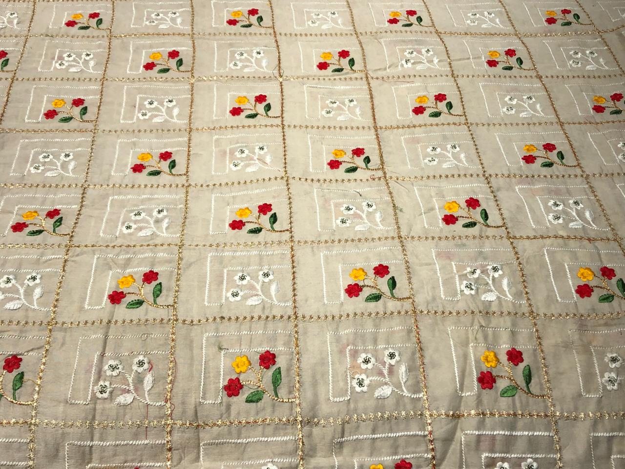 100 % Cotton Embroidered Fabric 44" wide BEIGE COLOR with red ,yellow, green floral motif in gold plaids [16108]