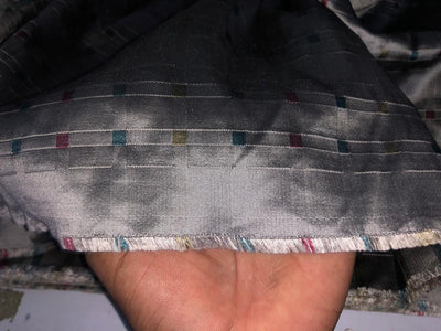 100% Silk Taffeta Jacquard Fabric  GREY jacquard plaids  with gold, kingfisher green and watermelon pink stripes 54" wide TAFJACNEW14[3]