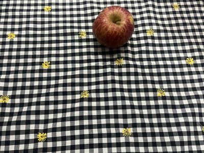 100 % Cotton BLACK AND WHITE PLAIDS  Fabric Embroidered with tiny yellow flowers [16342]