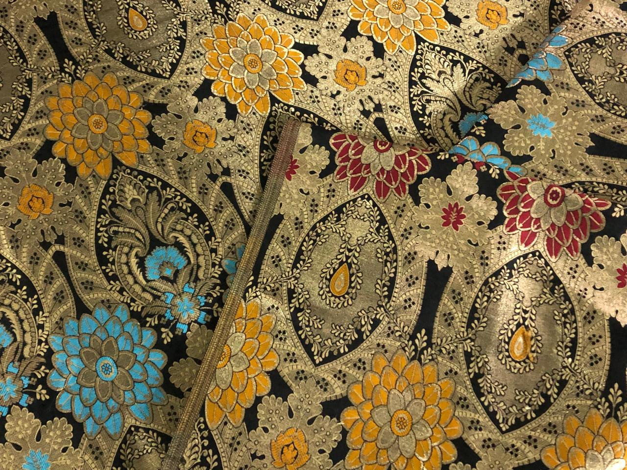 Silk Brocade Fabric BLACK ,metallic gold ,red ,blue and mustard Color 44" wide BRO775[5]