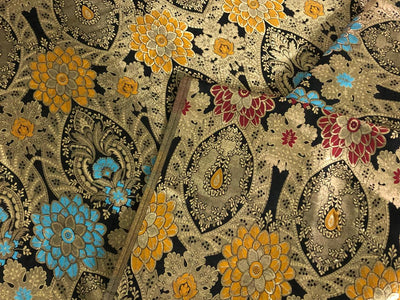 Silk Brocade Fabric BLACK ,metallic gold ,red ,blue and mustard Color 44" wide BRO775[5]