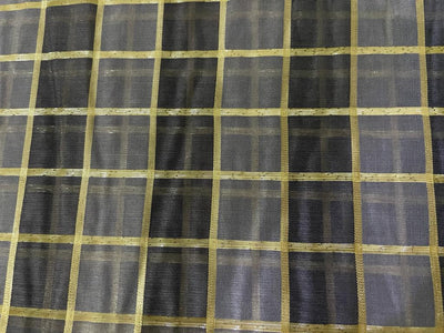 Cotton chanderi fabric plaids shade of grey &amp; metallic gold 44" wide [9260]