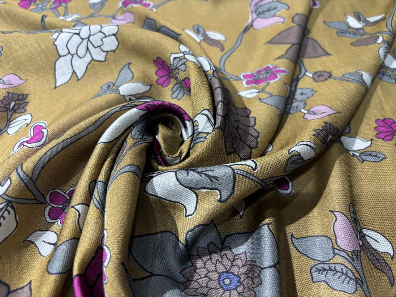 Viscose TWILL Digital Floral Print 41&quot; wide available in 2 colors mustard , slate blue and berry