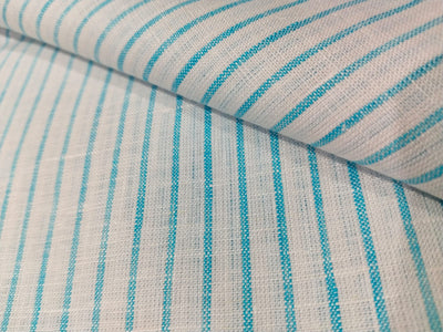 100% Linen stripe 60's Lea Fabric 58" wide available in two colors blue/ white and ivory ,yellow and brown .