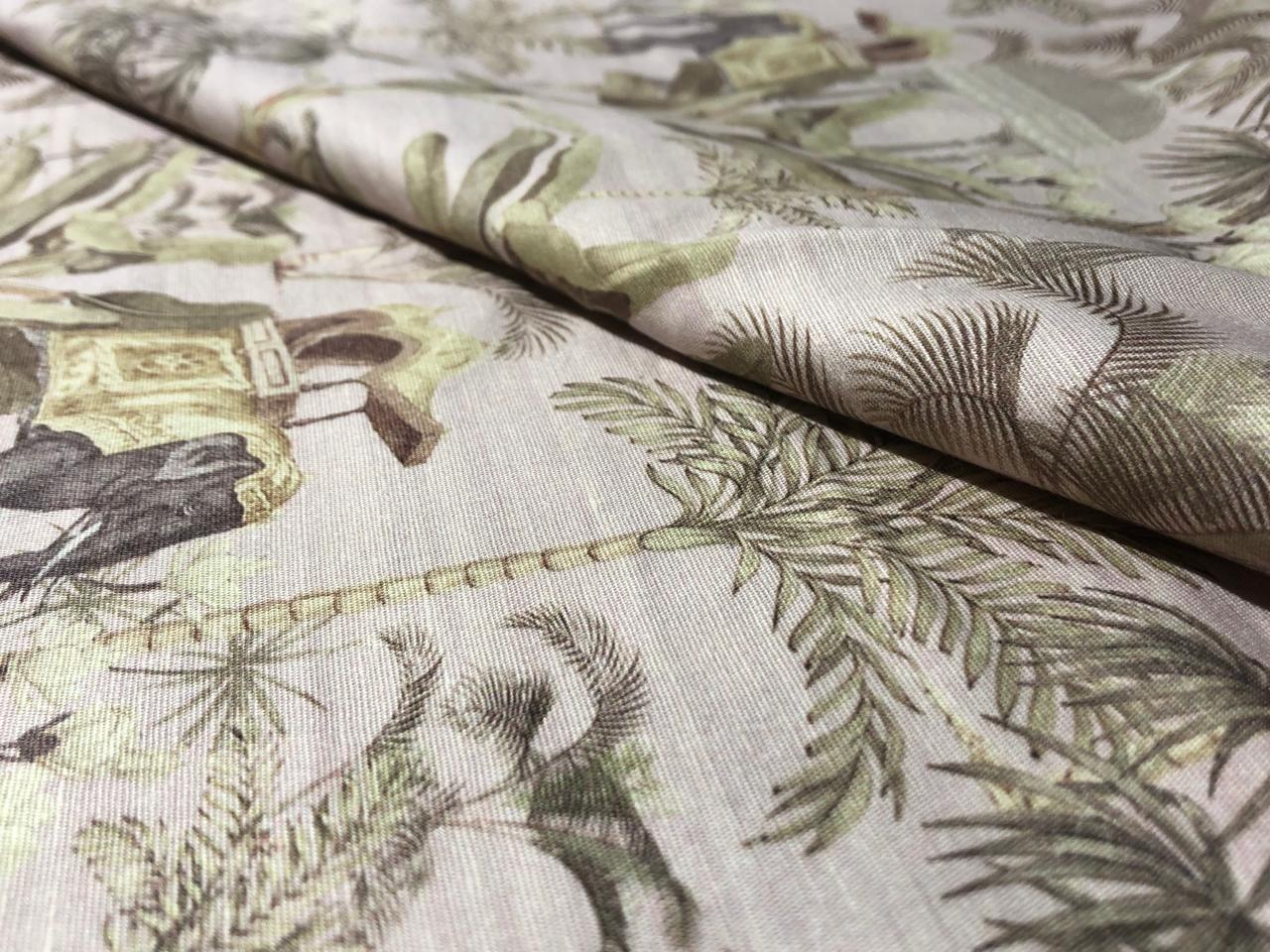 100% linen  digital print fabric 44" wide available in 4 PRINTS CREAM ABSTRACT WITH SEA GREENS,GREENY GREY FLORAL,ELEPHANT AND BLACK AND CREAMK FLORAL