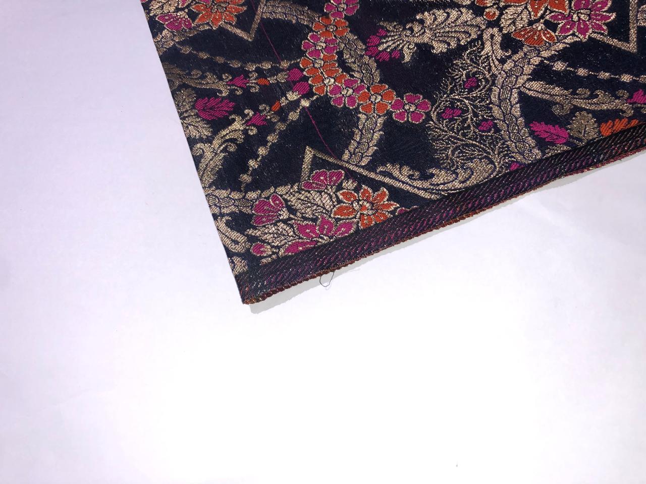 Silk Brocade Fabric navy with pink and orange flowers x metallic gold  jacquard 44" wide  BRO986[5]