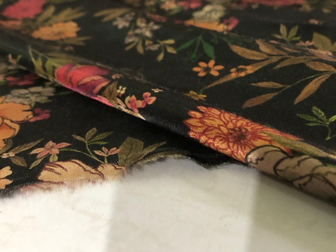 Viscose  Modal Satin fabric Digital pink,cream,orange,peach,green Floral Print 44" wide available in 3 colors black, dark teal and mustard gold