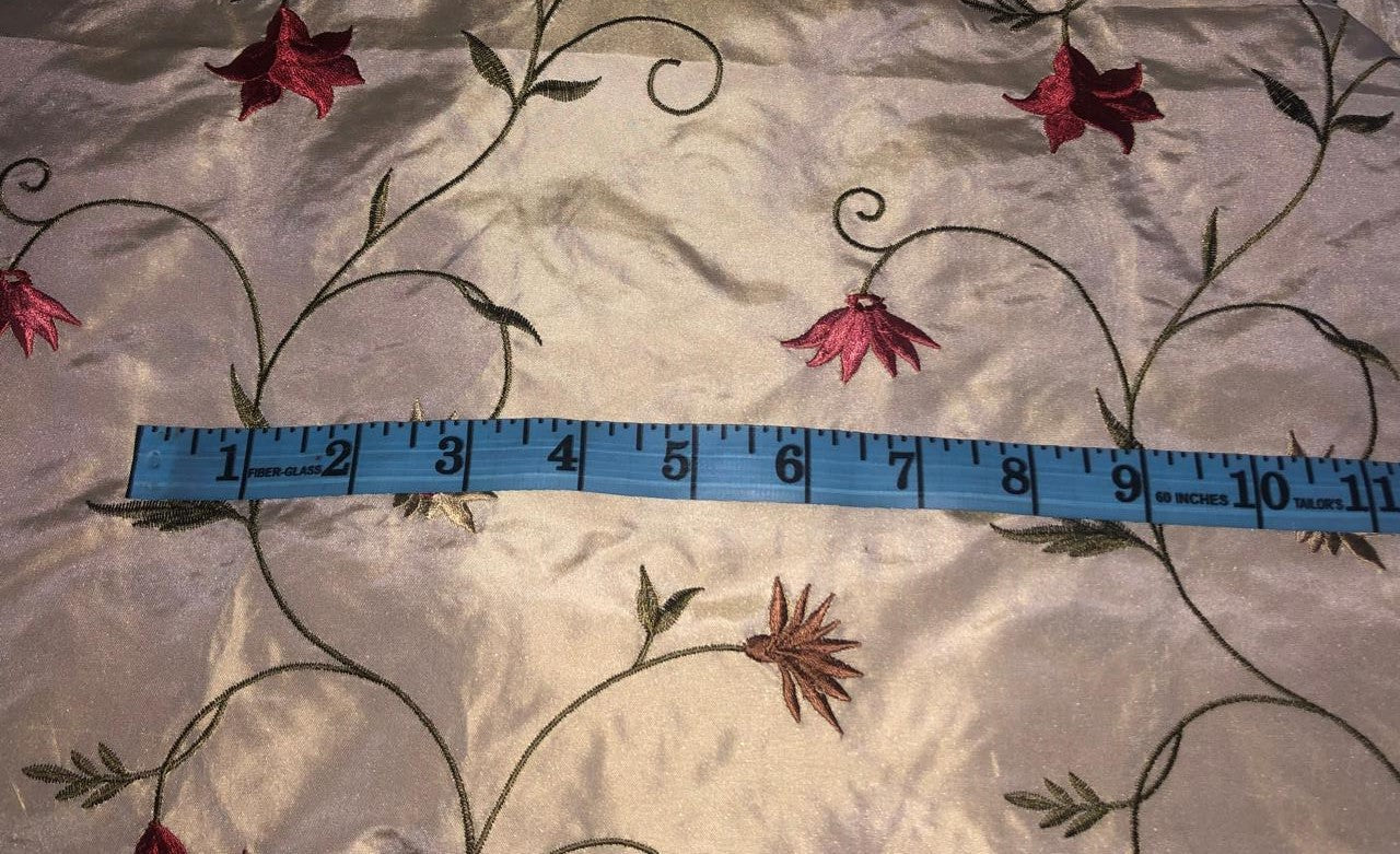 100% Silk TAFFETA  EMBROIDERY 44" WIDE cream with scarlet, brown ,blue and yellow flowers TAFE22[3]