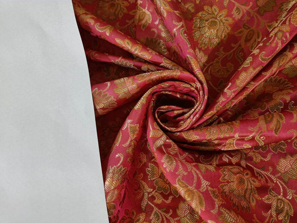 Silk Brocade fabric 44 wide available in 4 colors coral, burgundy ,gr –