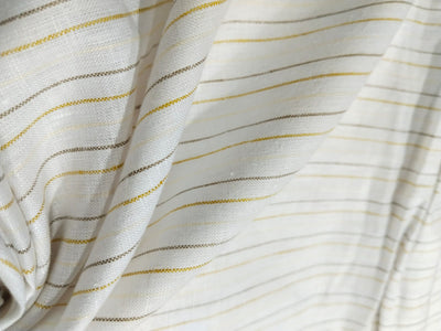 100% Linen stripe 60's Lea Fabric 58" wide available in two colors blue/ white and ivory ,yellow and brown .