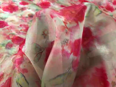 Shimmer Organza  fabric, Gleam sheer fabric Digital Print 54" wide available in 3 prints ivory with a spray of pink roses/cream with blue ,pink orange flowers and bright yellow with pink and blue flowers