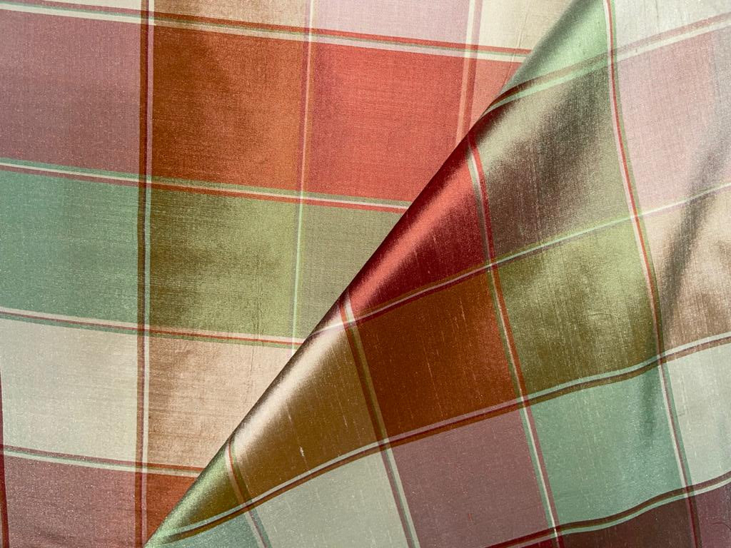 Silk Dupioni Fabric Plaids Shades of green/cream/orange color 54" wide DUP#C101[2]