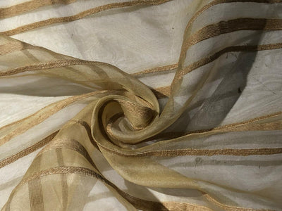 100% Silk mettalic tissue organza fabric DARK IVORY   with jute stripe design 54 INCHES WIDE [16858]]