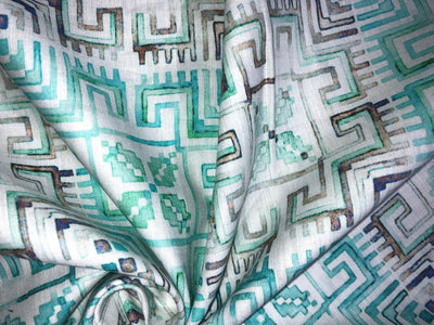 100% linen  digital print fabric 44" wide available in 4 PRINTS CREAM ABSTRACT WITH SEA GREENS,GREENY GREY FLORAL,ELEPHANT AND BLACK AND CREAMK FLORAL