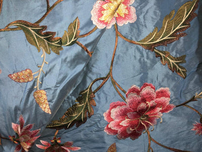 100% Silk dupioni silk 54&quot;-Blueish grey [slate blue] with floral embroidery in salmon pink, beige floral DUPE66