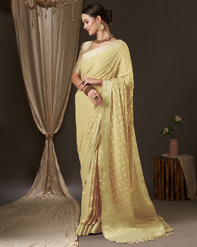 SILK Georgette Fabric GOLD Color with JACQUARD Metallic GOLD Small Motif [16437]