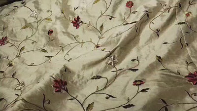 100% Dupioni SILK  fabric 110" wide IVORY WITH FLORAL EMBROIDERY [DUPEMB68_110"EMB]