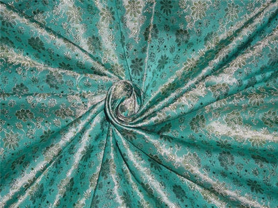 SILK BROCADE FABRIC Sea Blue,Green & Gold colour 44" wide BRO198[7]