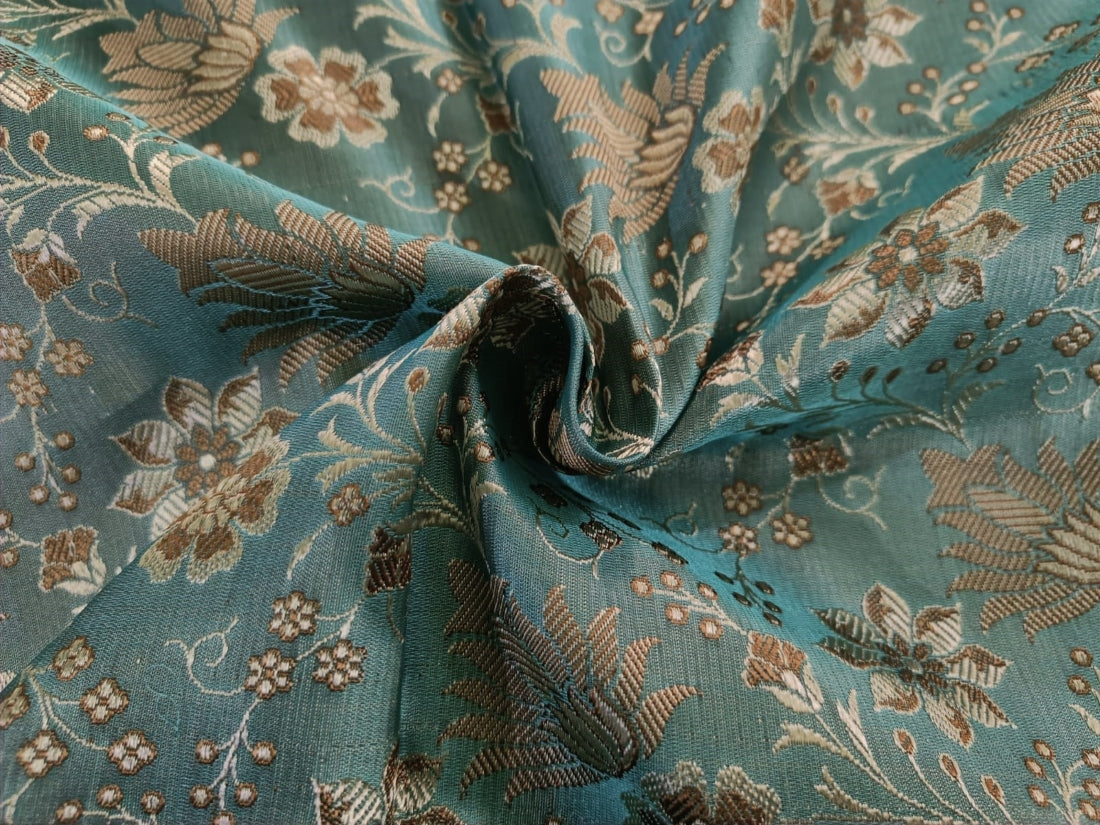 SILK BROCADE JACQUARD FABRIC Sea Blue &amp; Gold color 44&quot;BRO19[1]