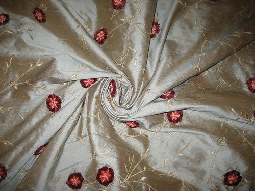 SILK DUPIONI embroidery w/ velvet flowers--Iridescent green DUP#E5