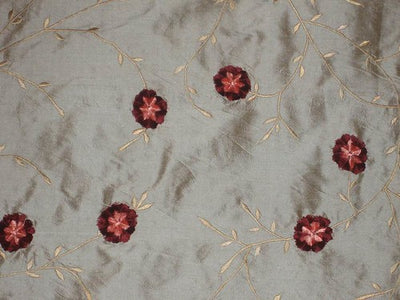 SILK DUPIONI embroidery w/ velvet flowers--Iridescent green DUP#E5