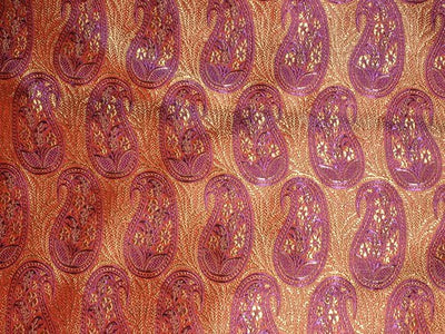 Silk Brocade~Orange &amp; Gold paisleys design~Width 44