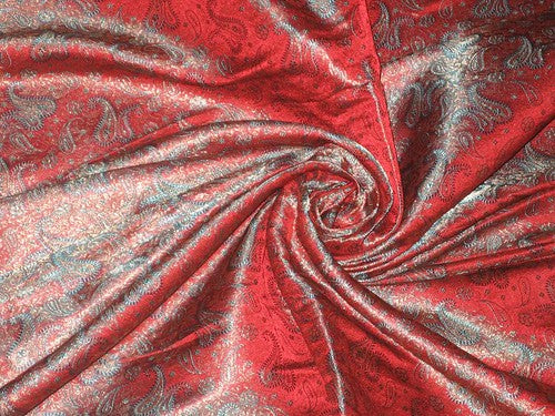 Silk Brocade Fabric~Width 44-Aqua Blue &amp; Red paisleys