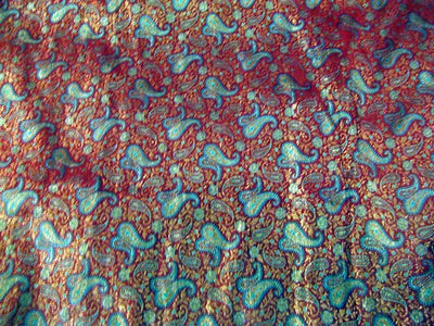 Silk Brocade Fabric~Width 44-Aqua Blue &amp; Red paisleys