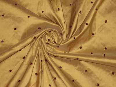 SILK DUPIONI Fabric Gold with Red embroidered dots 54&quot;