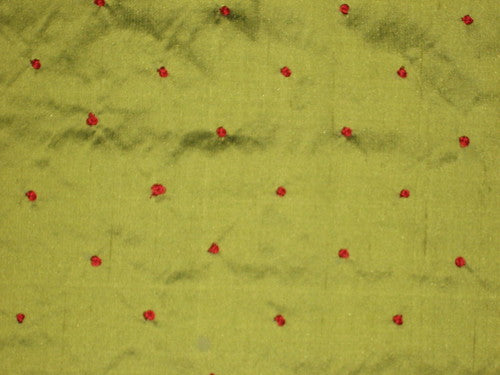 SILK DUPIONI Fabric Green with Red embroidered dots 54