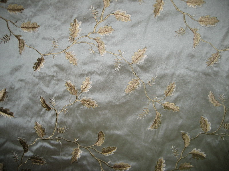 SILK DUPIONI Fabric Floral Embroidery Blue x Beige shot 54&quot; wide