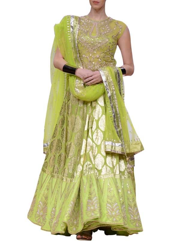 Spun Silk Brocade fabric Lime Green Color