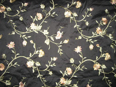 SILK DUPIONI Fabric Black color with Floral Embroidery