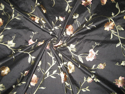 SILK DUPIONI Fabric Black color with Floral Embroidery