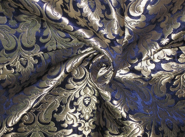 Silk heavy Brocade jacquard Fabric Dark Navy Blue &amp; Gold BRO93[4]