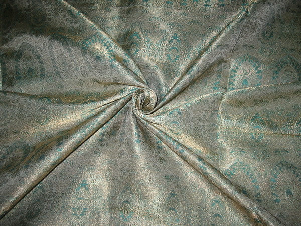 Silk Brocade fabric Sea Green &amp; Metallic Gold 44" wide BRO113[6]