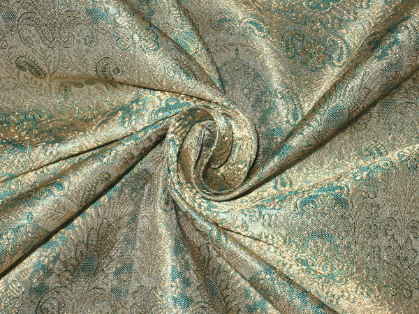 Silk Brocade fabric Sea Green &amp; Metallic Gold 44" wide BRO113[6]