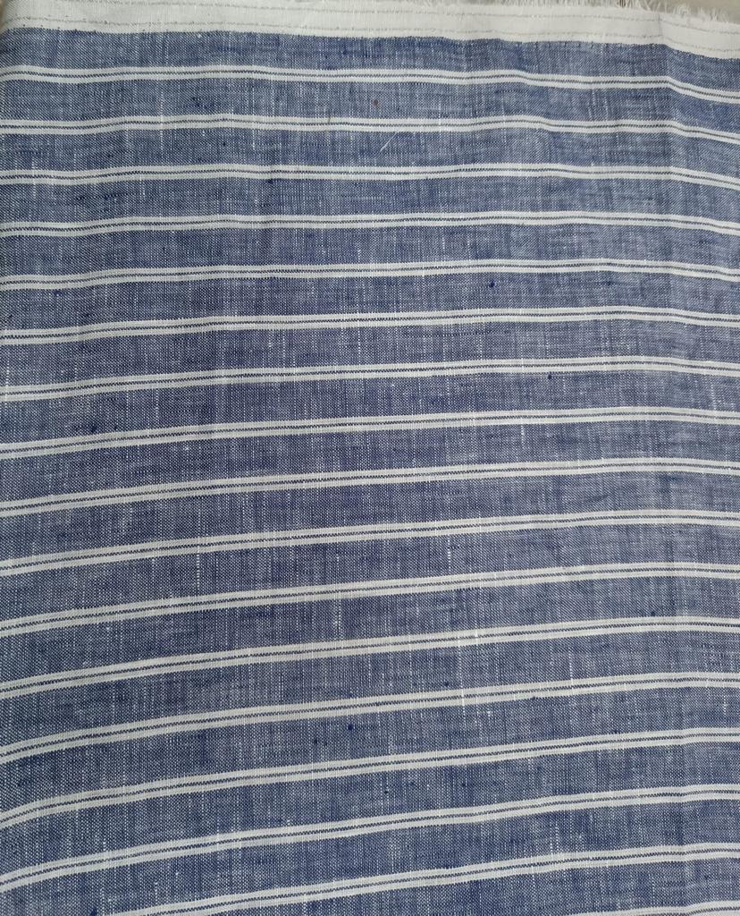 100% Linen Navy Blue and White stripe Fabric 58" wide single length 2 yards [6910]