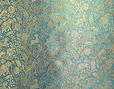 Silk Brocade blue Fabric with metallic Gold Animal Figure Motifs 44" wide BRO665[3]