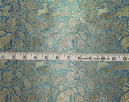 Silk Brocade blue Fabric with metallic Gold Animal Figure Motifs 44" wide BRO665[3]