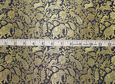 Silk Brocade navy blue Fabric x metallic Gold Animal Figure Motifs 44" wide BRO665[1]