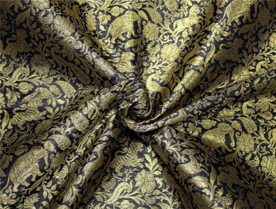 Silk Brocade navy blue Fabric x metallic Gold Animal Figure Motifs 44" wide BRO665[1]