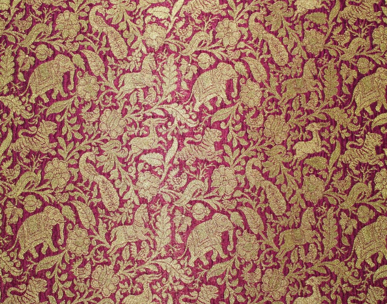 Silk Brocade Fabric magenta x metallic Gold Animal Figure Motifs 44" wide BRO665[2]